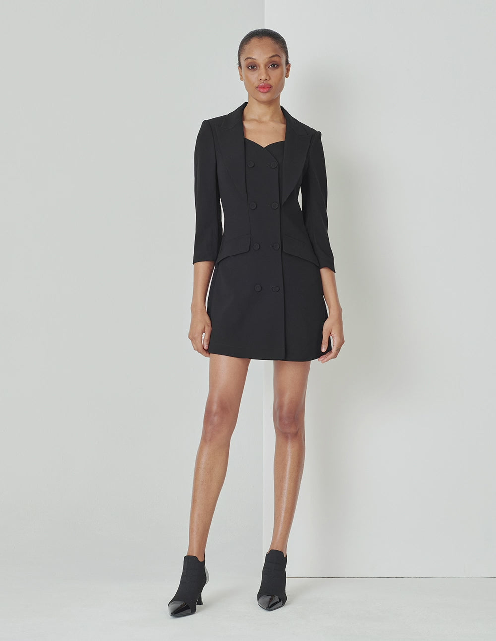 MARYLING Lapel Collar Double-Breasted Black Short Dress