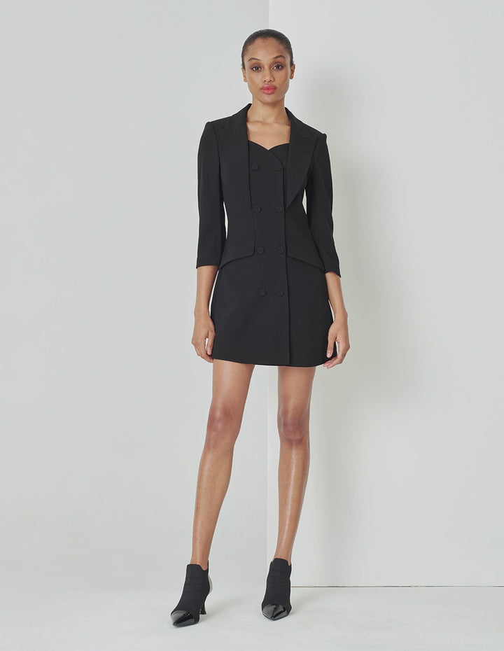 MARYLING Lapel Collar Double-Breasted Black Short Dress