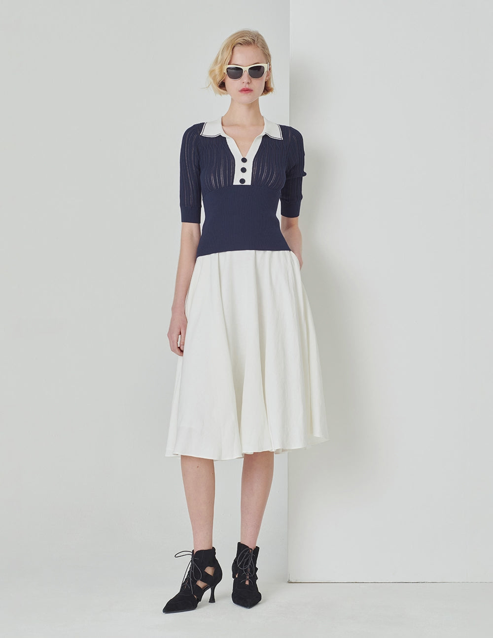 MARYLING Midnight Blue Polo Shirt Collar Colour block Knit Sweatshirt