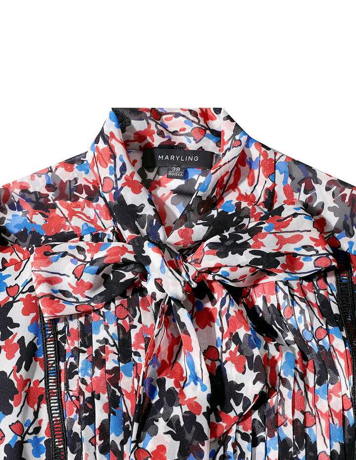 MARYLING V-Neck Tie Puffed Sleeves Print Dress