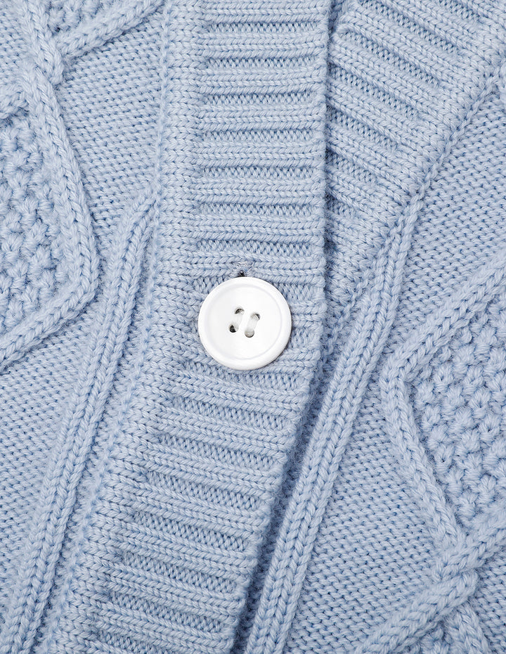 MARYLING Foggy Blue V-Neck Tied Waist Double Bag Knitted Cardigan