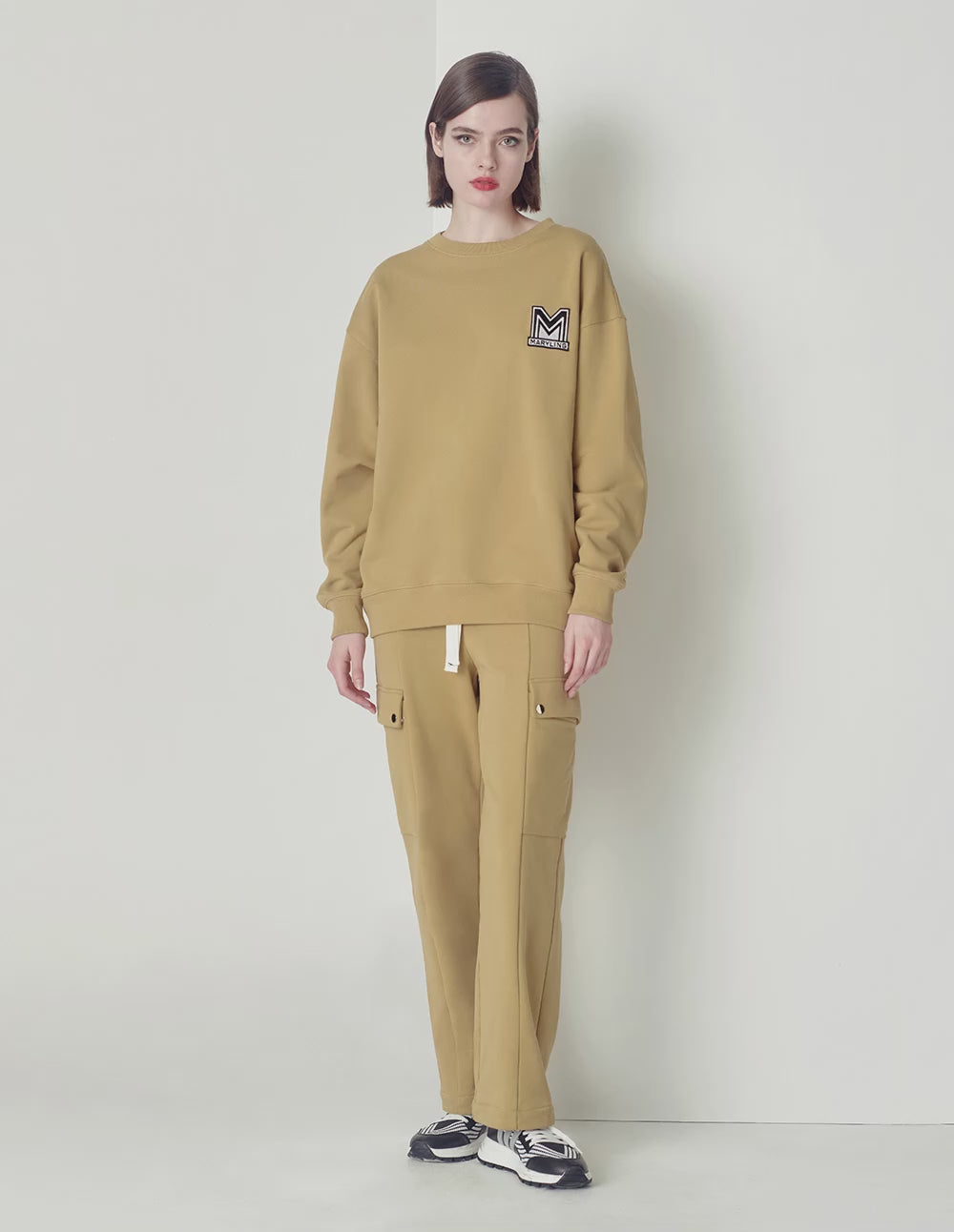 Maryling Beige Loose Design M Badge Sweater