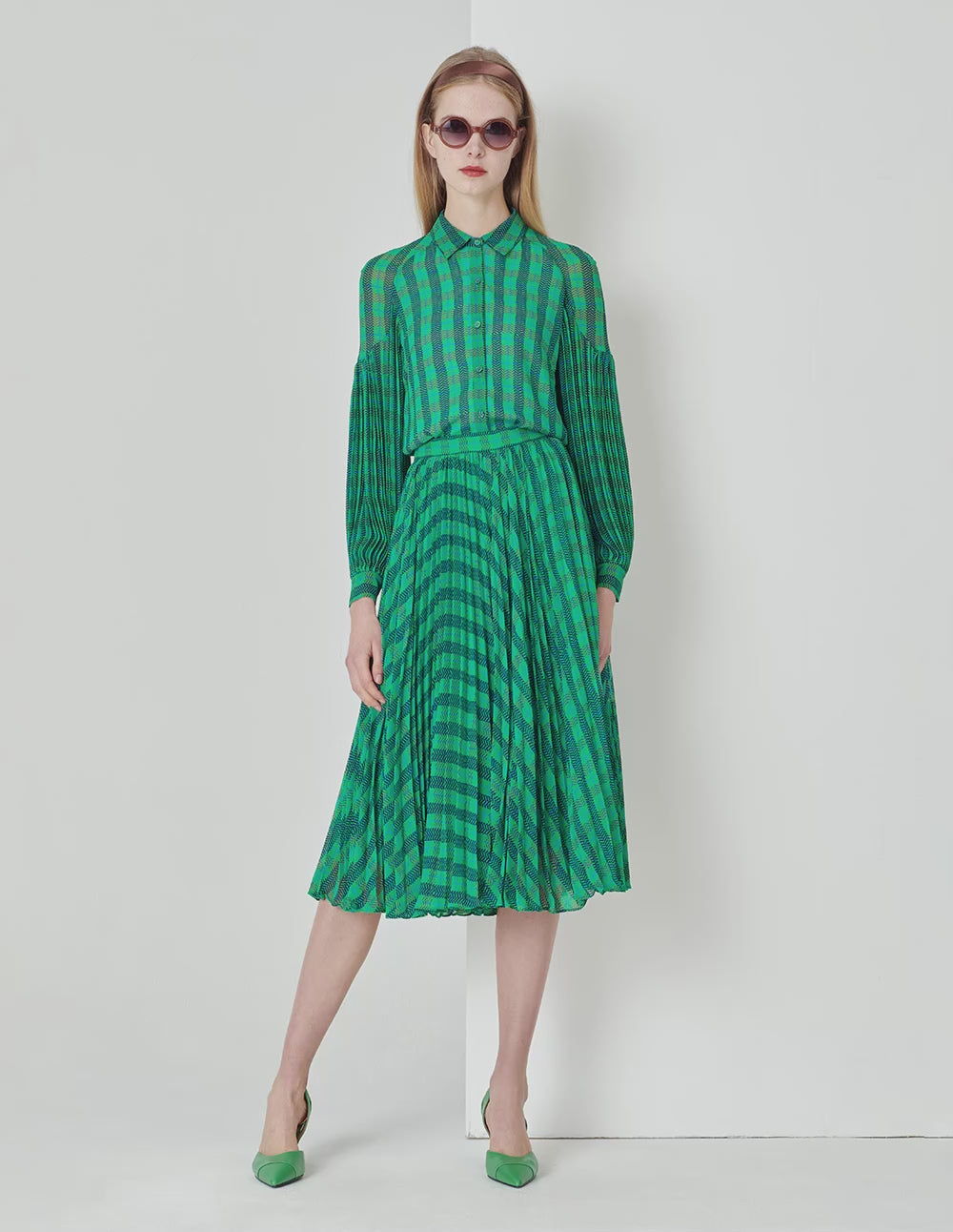 MARYLING Blue/Green Checked Print Blouse