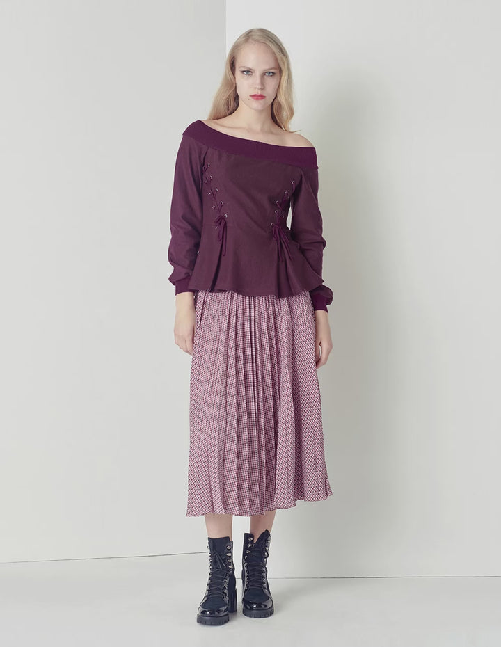 MARYLING Wine red off-shoulder sexy wool knitted top