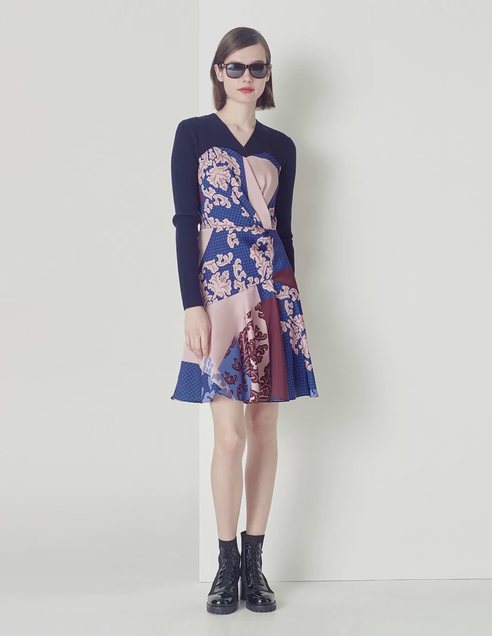 MARYLING Deep sea red flower V-neck knitted print dress