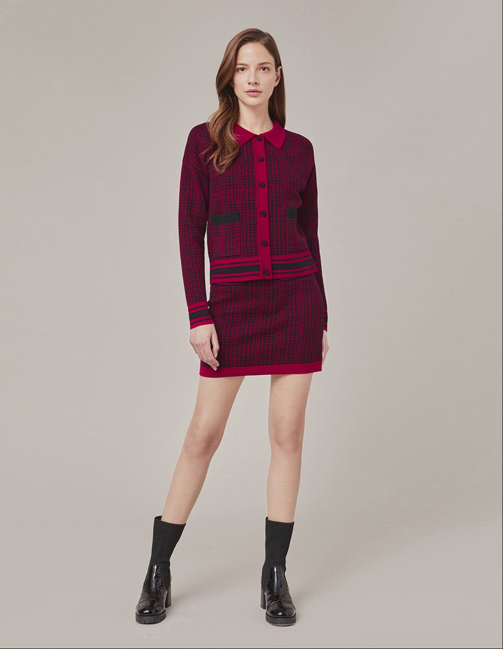 MARYLING Black And Red Houndstooth Knitted Skirt