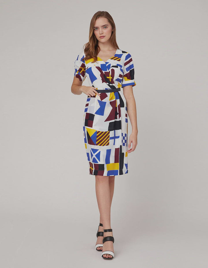 MARYLING V-neck crisscross pleated color block silk dress
