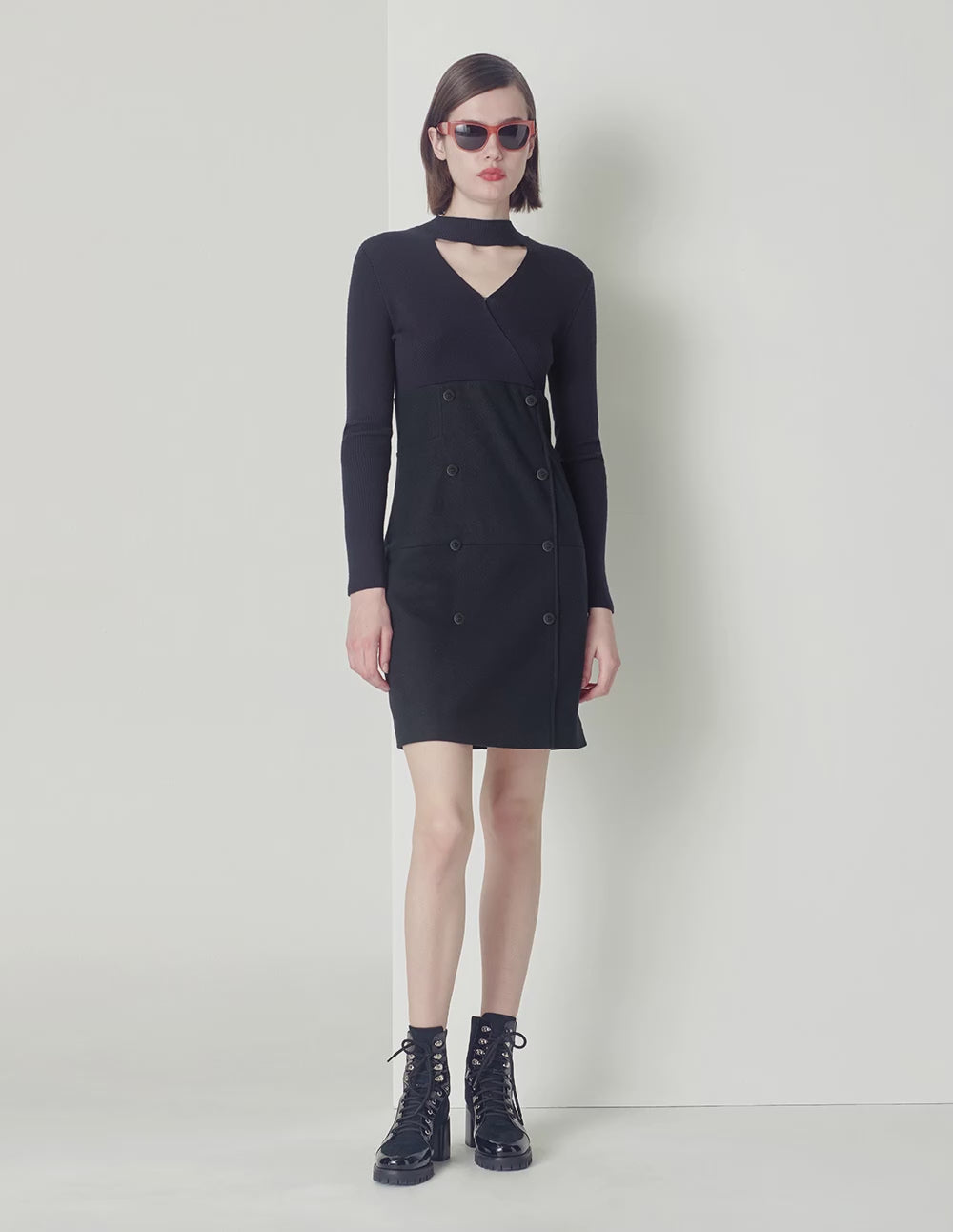 MARYLING midnight blue V-neck hollow shift knit dress