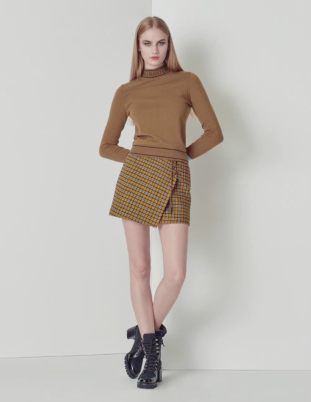 MARYLING Blue camel plaid wearing rope mini small A skirt