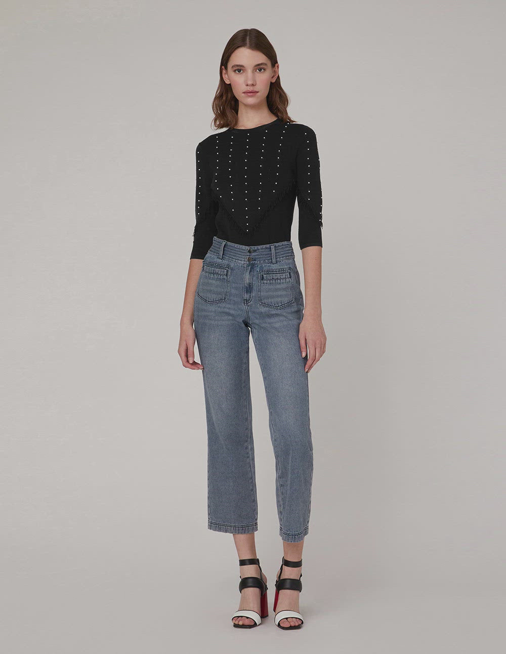 MARYLING V shape round neck middle sleeves knit top