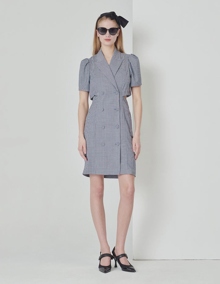 MARYLING Blue And White Checkered Back Hollow Bell-Shaped Sleeve Suit Dress