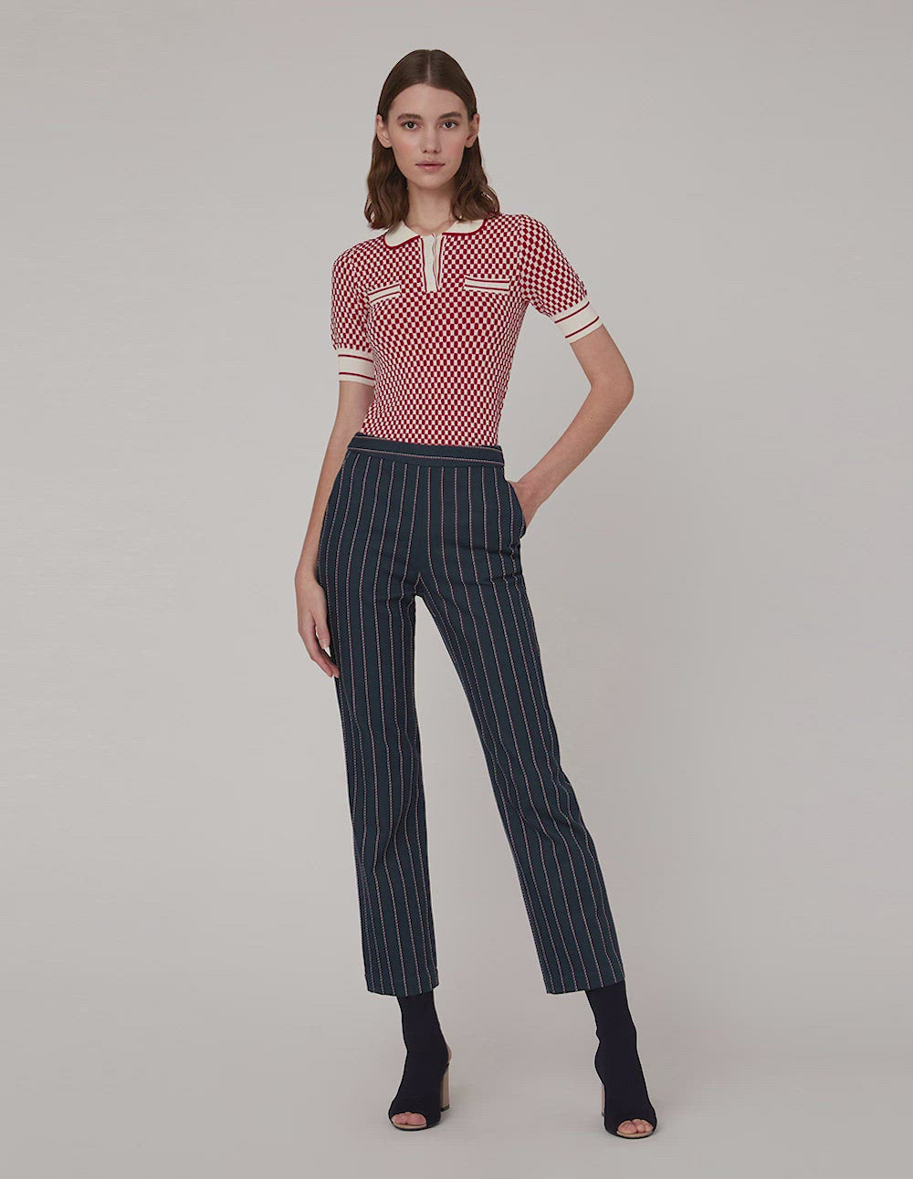 MARYLING Classic red white check small lapels double pocket