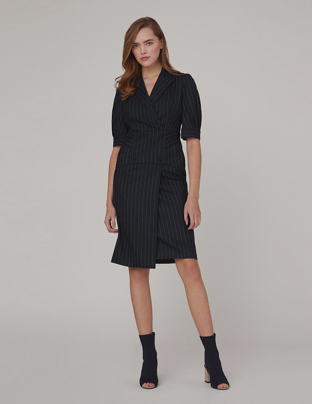 MARYLING Peak Lapel Three-Quarter Sleeve Stripe Dress