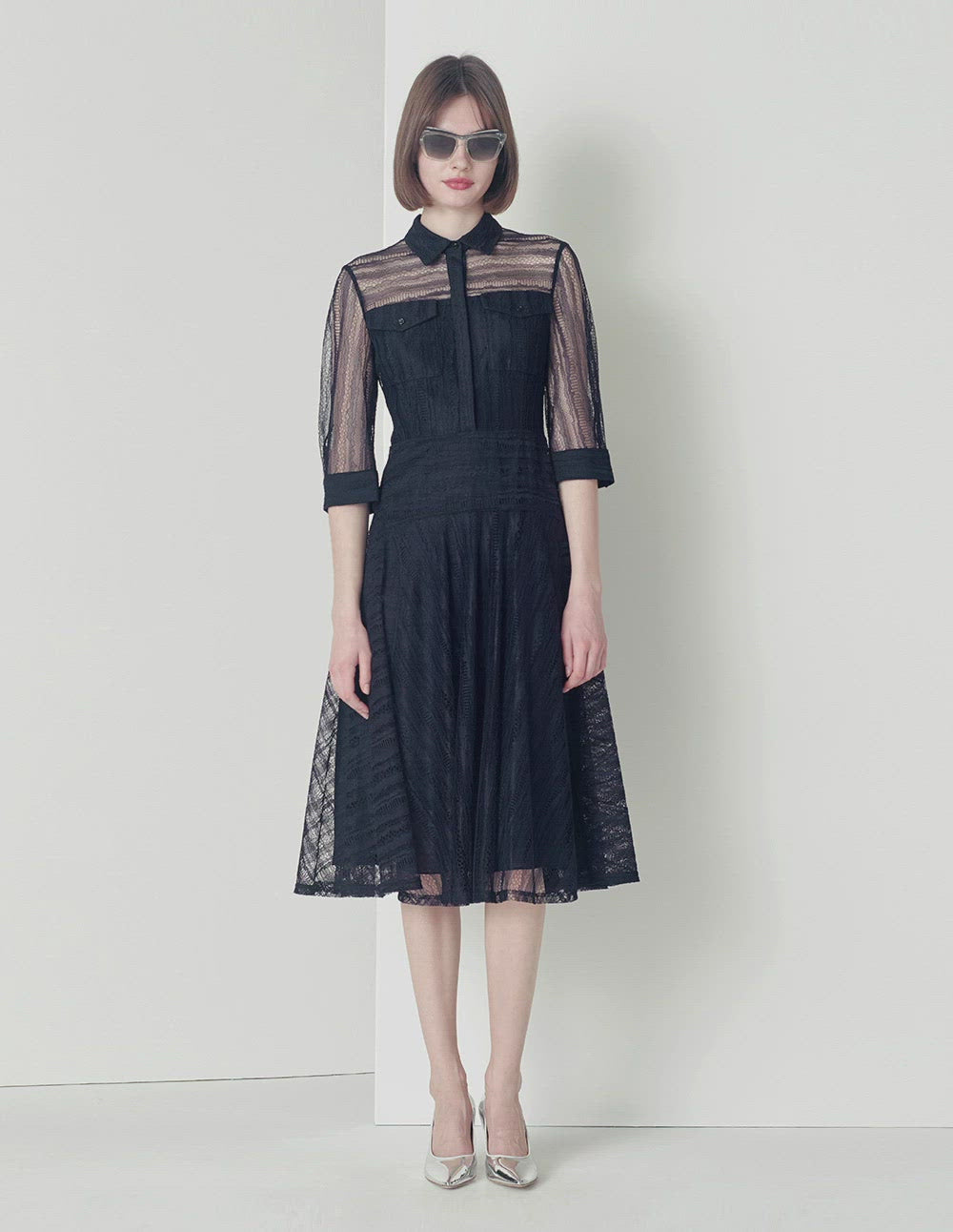 MARYLING Dark Blue Lace Shirt Dress