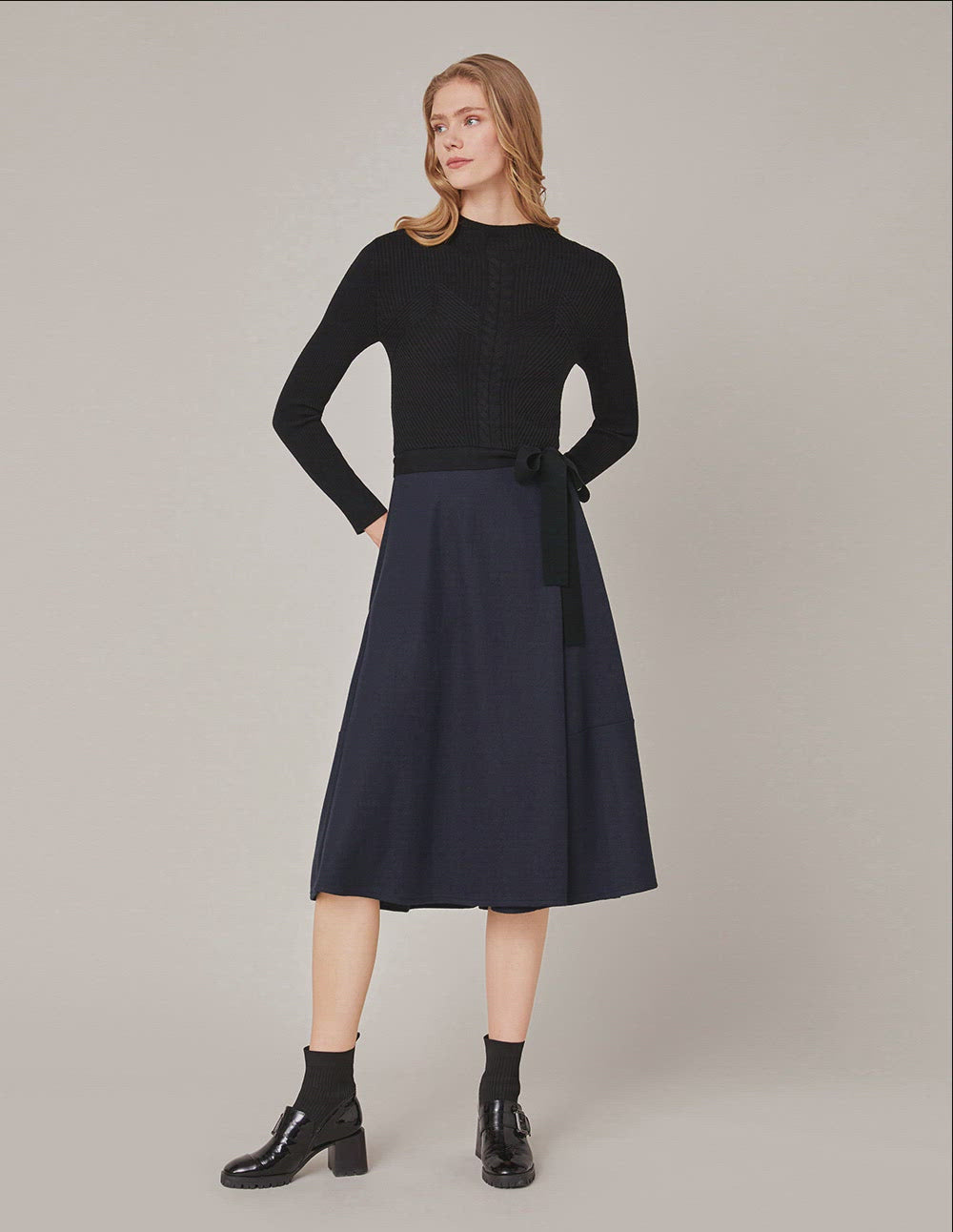 MARYLING Rib-Knit Spliced Pleated Midi Dress