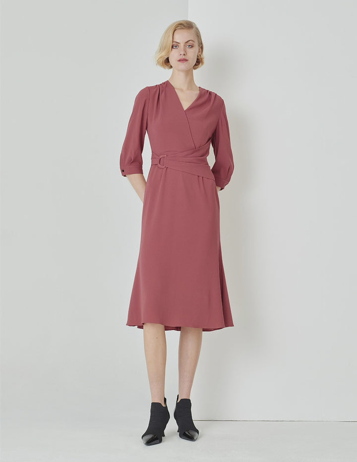 MARYLING Red V-Neck Pleated Waist Knee Mermaid Dress