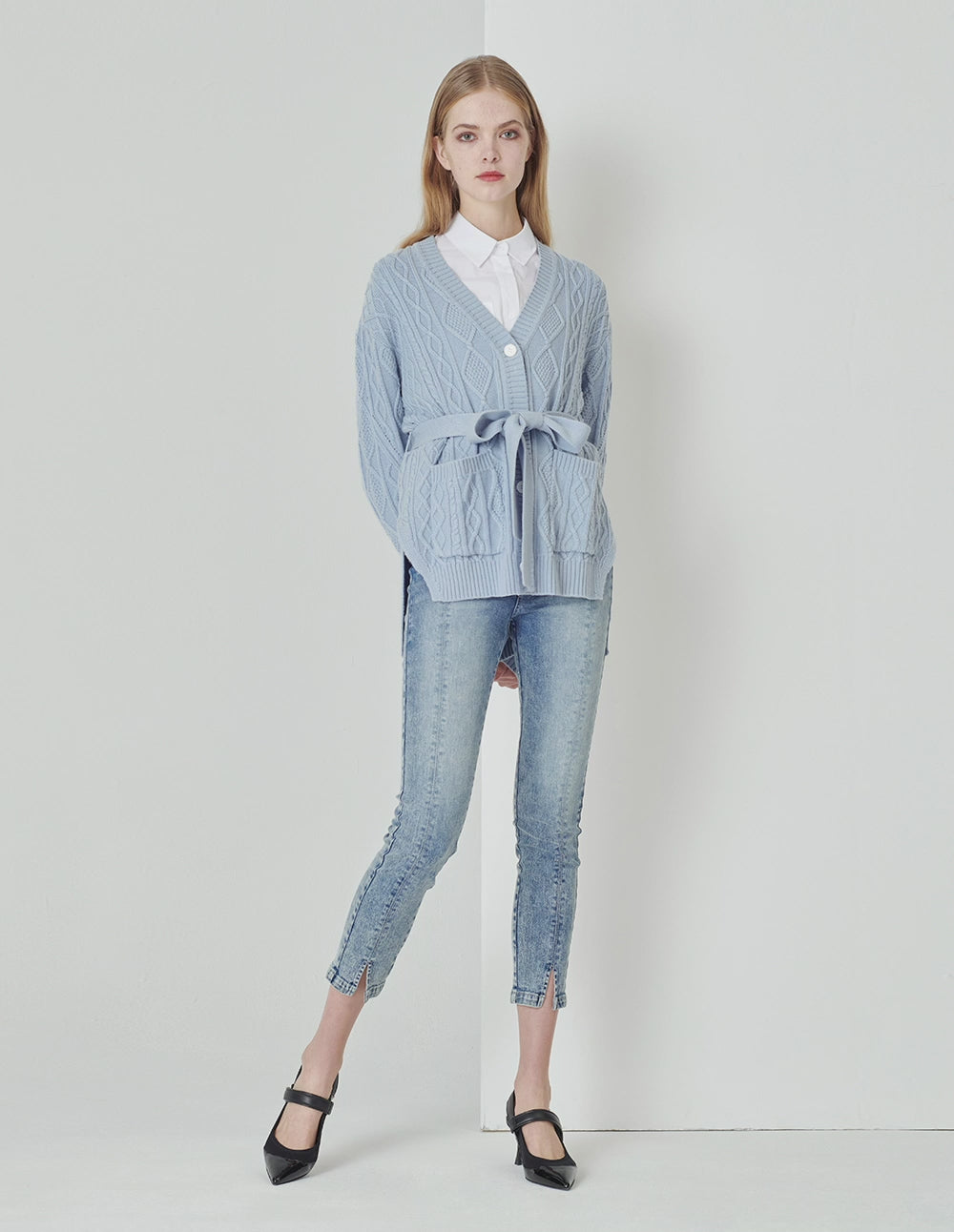 MARYLING Foggy Blue V-Neck Tied Waist Double Bag Knitted Cardigan