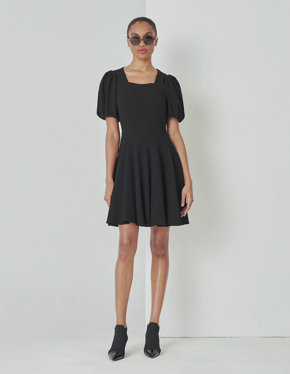 MARYLING Black Generous Collar Puff Sleeve Little Black Dress