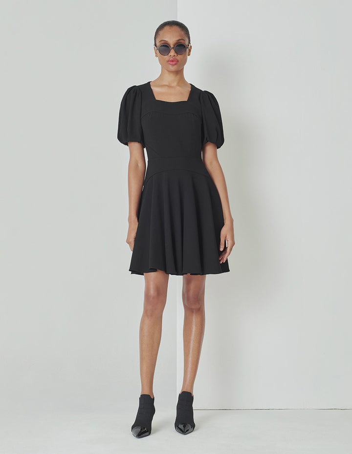 MARYLING Black Generous Collar Puff Sleeve Little Black Dress