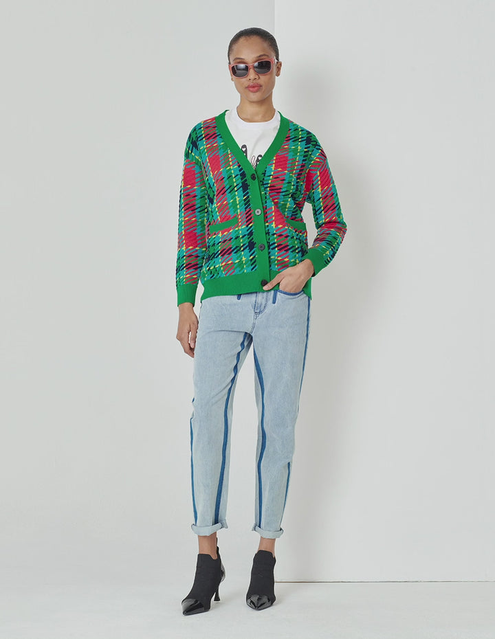 MARYLING Colourful Plaid V-Neck Knitted Cardigan