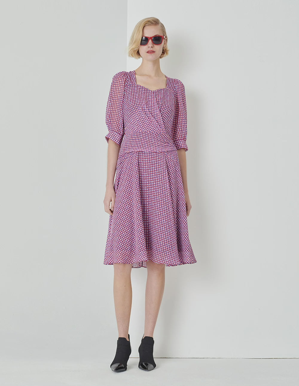 MARYLING Houndstooth Georgette Print Puff Sleeve Dress