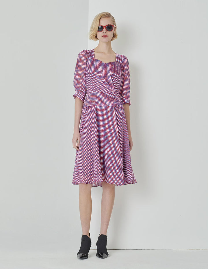 MARYLING Houndstooth Georgette Print Puff Sleeve Dress