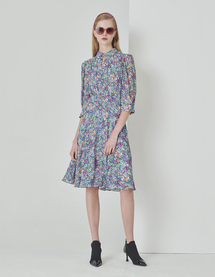 MARYLING Colour Shirt Collar Waist Pleated Puff Sleeve Dress