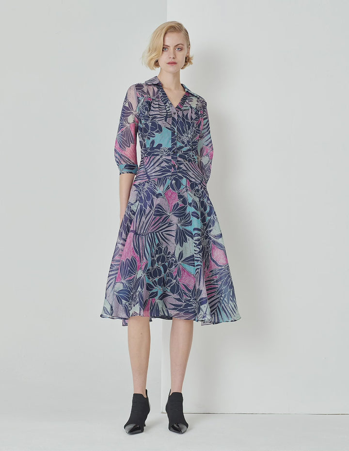 MARYLING V-Neck Shirt-Style Organza Printed Dress