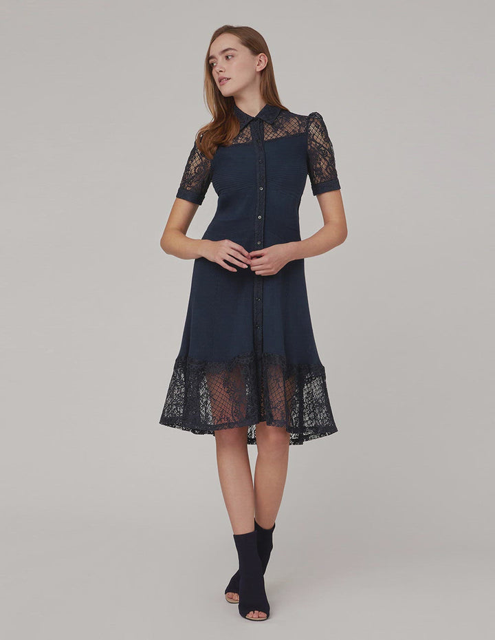 MARYLING Lace shirt-collar stitching woolen dress